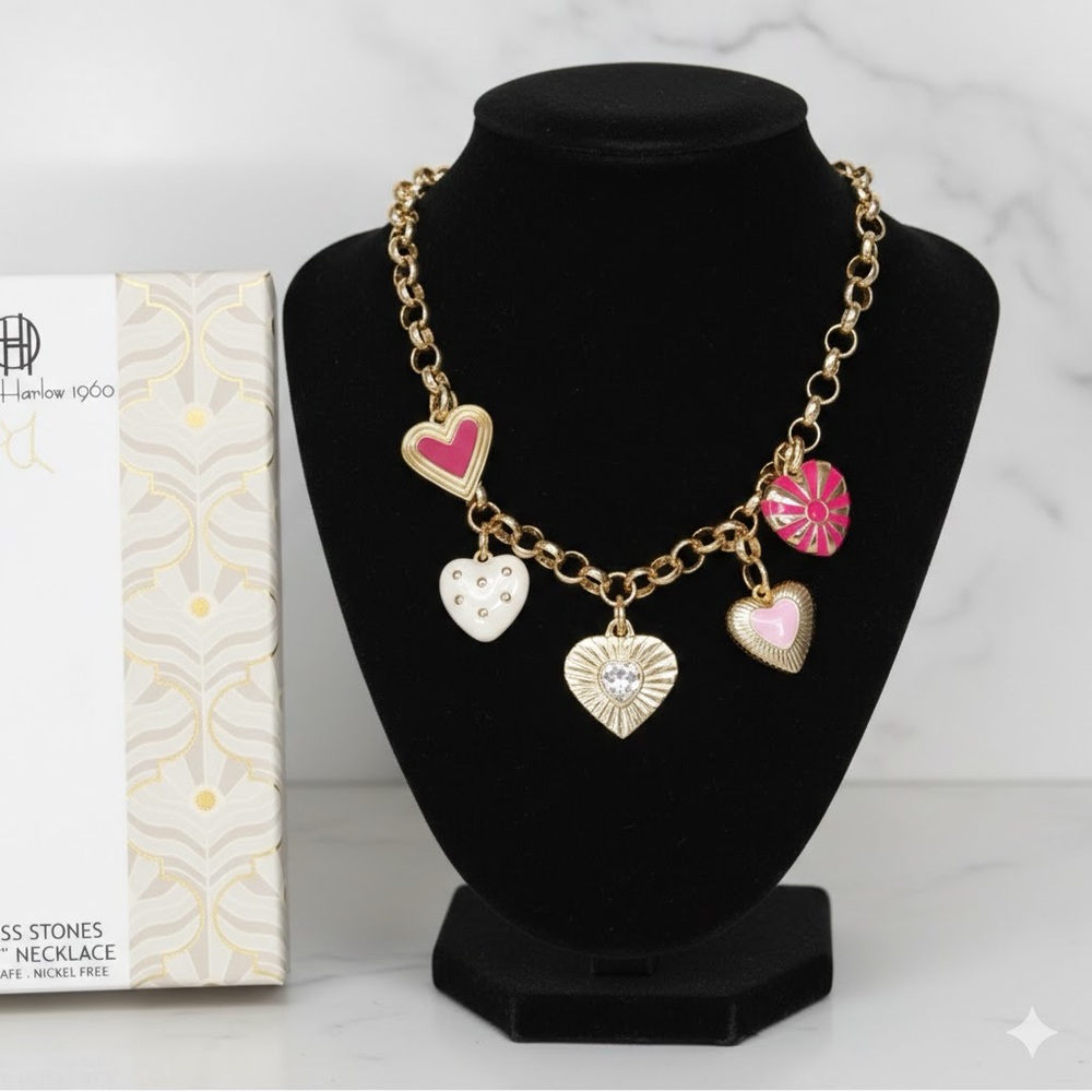 House Of Harlow 1960 Bohemian Heart Gold Chunky Abstract Heart Necklace NEW